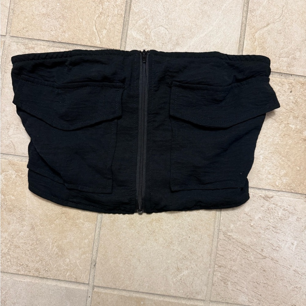 Black Strapless Zip-Up Top